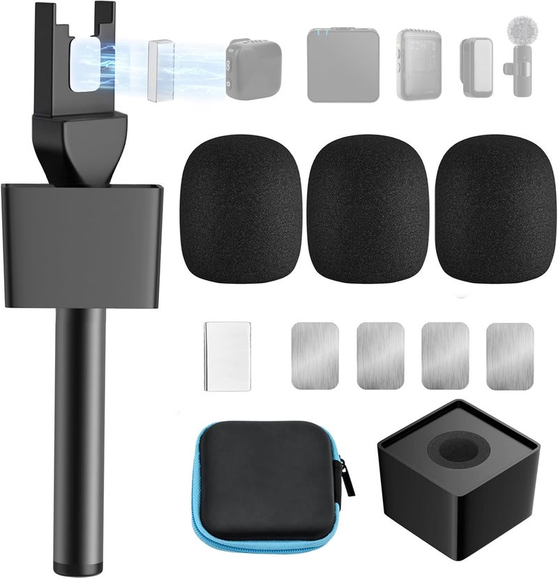 GAHOGA مقبض ميكروفون لـ DJI/DJI Mini/3، حامل ميكروفون لـ Rode Wireless GO/Hollyland Lark/ميكروفون لافاليير، حامل ميكروفون مغناطيسي عالمي، حامل ميكروفون مع 3 فلاتر صوتية لتصوير الفيديو، المقابلات، البودكاست، التقارير - Image 1